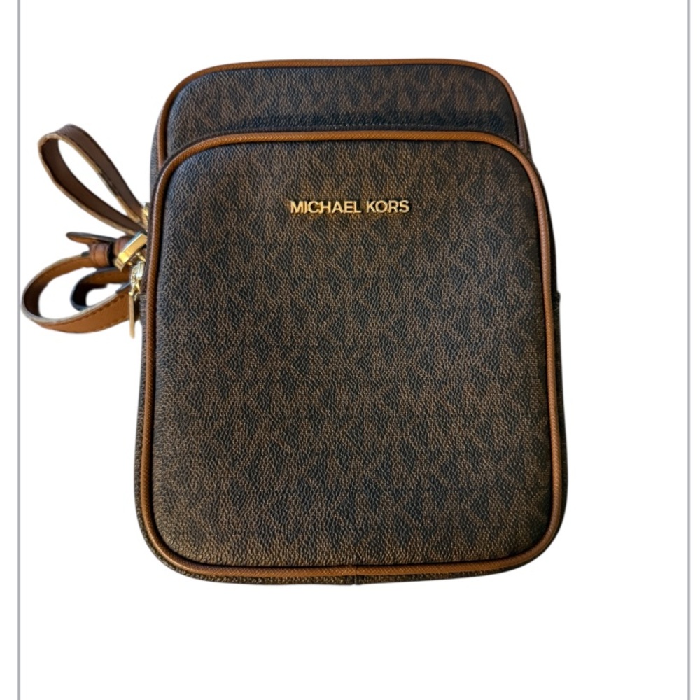 Michael Kors Brown Messenger Bag with Gold Accents. Minor callouts